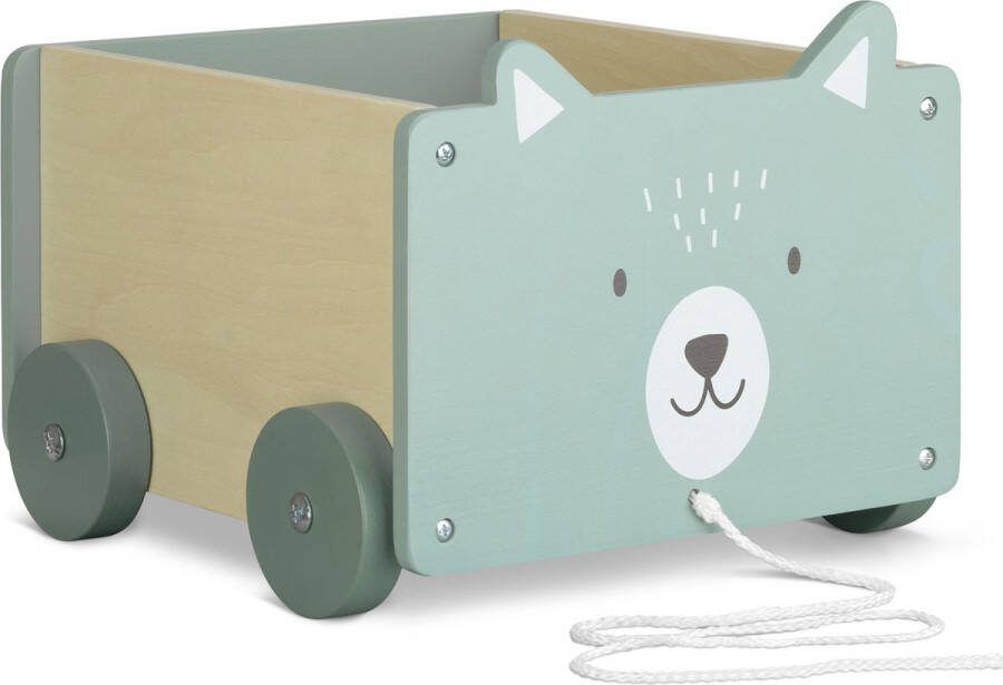 Navaris houten speelgoedkist op wielen Opbergbox voor speelgoed Inclusief touw om te trekken Kist van hout Beer 25 5 x 24 x 20 cm Turkoois