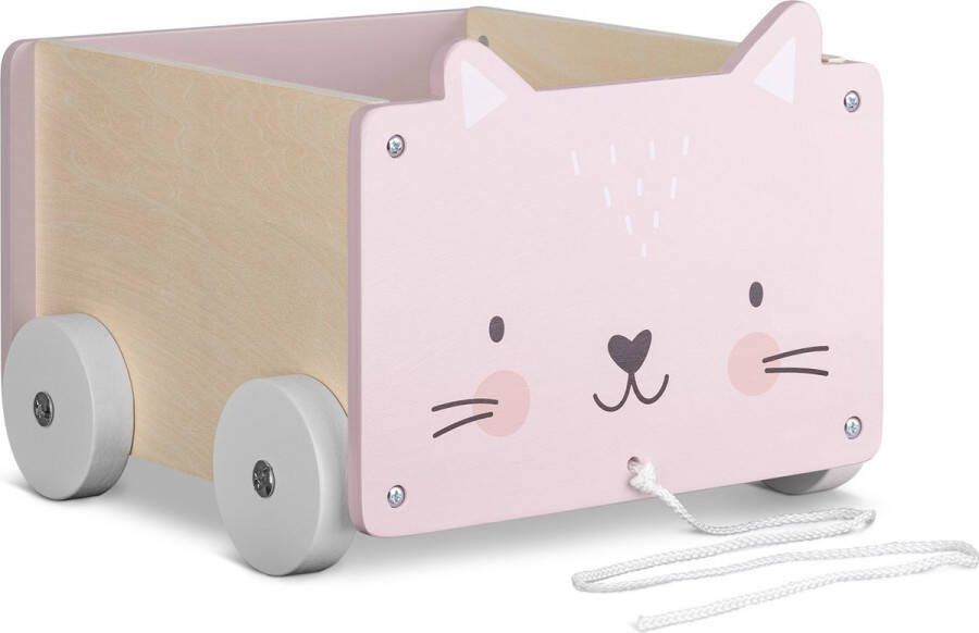 Navaris houten speelgoedkist op wielen Opbergbox voor speelgoed Inclusief touw om te trekken Kist van hout Kat 25 5 x 24 x 20 cm Roze