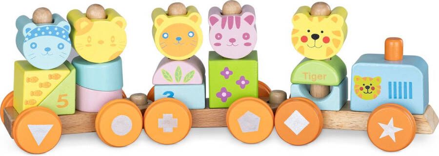 Navaris houten speelgoedtrein voor kinderen Blokken met dieren en getallen Voor jongens en meisjes Vanaf 18 maanden Kleurrijk tijger design