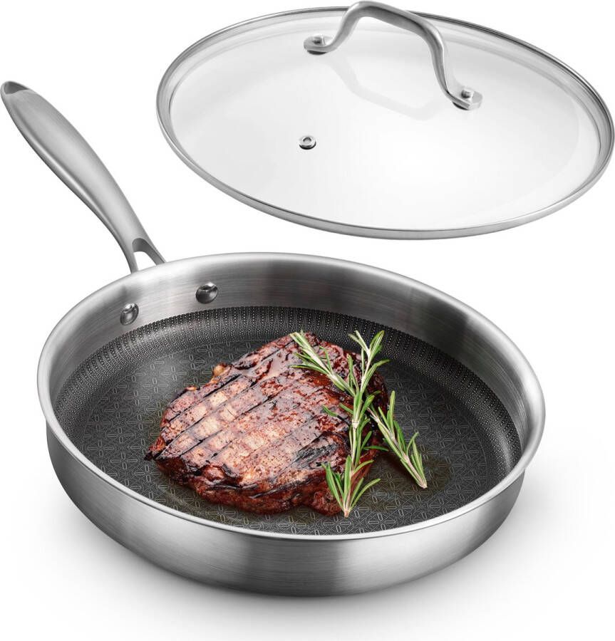 Navaris hybride anti aanbak hapjespan 26 cm Met glazen deksel en koel handvat Voor in de oven en alle warmtebronnen Anti kras PFOA vrij RVS