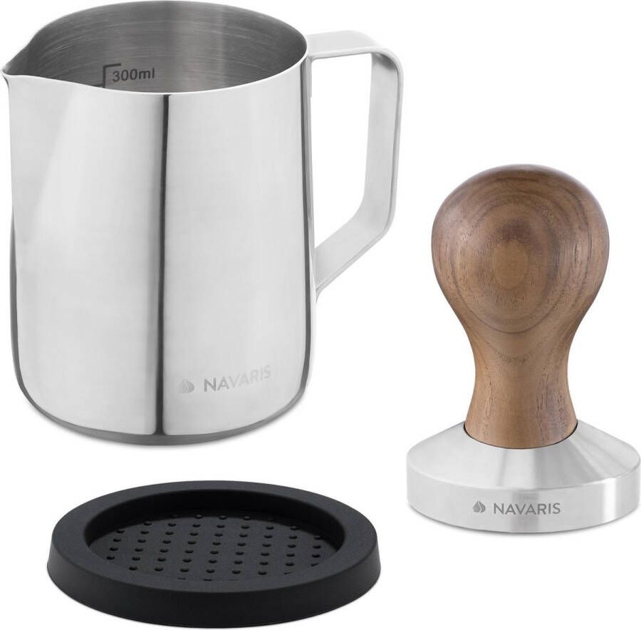 Navaris koffie en espresso tamper Stamper voor het aandrukken van gemalen koffie Inclusief melkkannetje Van roestvrij staal en hout Ø 51 mm