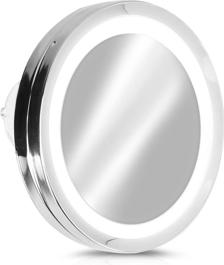 Navaris LED make-up spiegel Vergrotende cosmeticaspiegel 360° draaibaar 5x vergroting Met zuignap Badkamerspiegel Reisspiegel Zilver