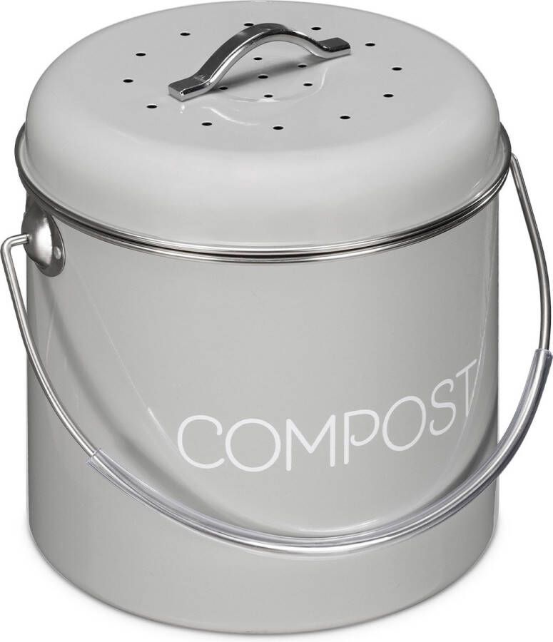 Navaris metalen compostbak 3L Afvalbakje met 3x filter tegen vieze geuren Prullenbak met deksel voor gft-afval Compostemmer keuken Grijs