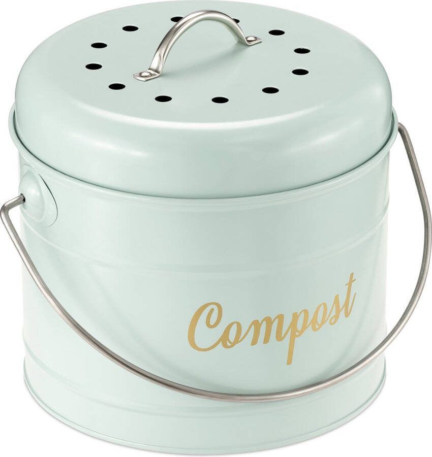 Navaris metalen compostbak 3L Afvalbakje met 6x filter tegen vieze geuren Prullenbak met deksel voor gft-afval Compostemmer keuken Groenblauw