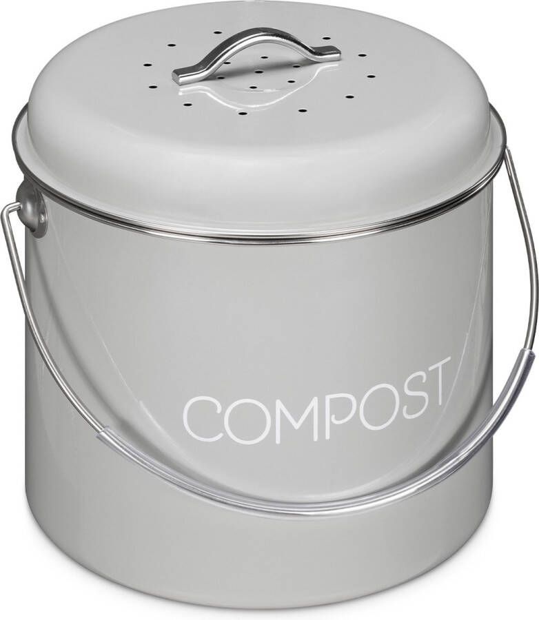 Navaris metalen compostbak 5L Afvalbakje met 3x filter tegen vieze geuren Prullenbak met deksel voor gft-afval Compostemmer keuken Grijs