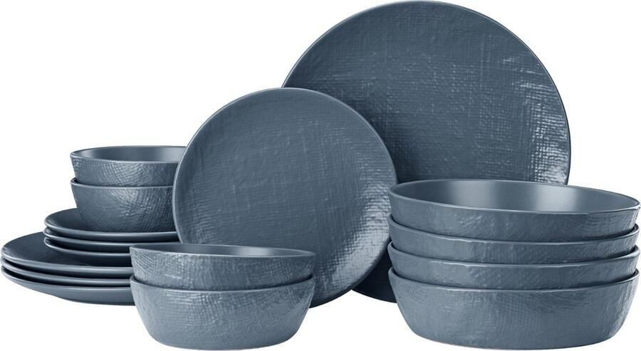 Navaris aardewerk servies voor 4 personen Serviesset 16-delige Compact en stapelbaar bordenset Magnetron en vaatwasserbestendig Blauw