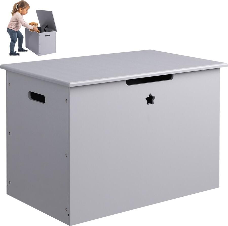 Navaris houten speelgoedkist met deksel 60x38x42 cm Houten opbergbank voor de kinderkamer Grijs