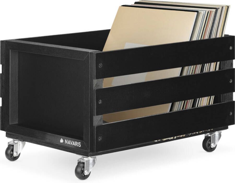 Navaris opbergkist LP's met krijtbord Krat op wieltjes Opbergbox voor 50-80 platen Zwart
