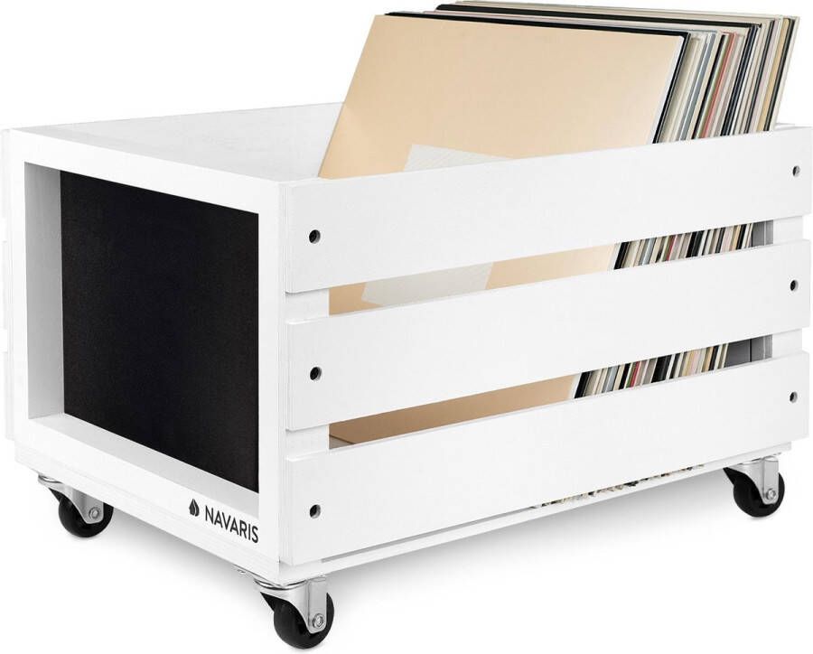 Navaris opbergkist voor LP's met krijtbord Houten krat op wieltjes Opbergbox voor 50 80 platen Kist van hout in vintage stijl Wit
