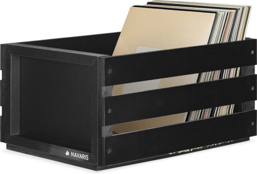 Navaris opbergkist voor LP's met krijtbord Houten krat Opbergbox voor 50 80 platen Kist van hout in vintage stijl Zwart