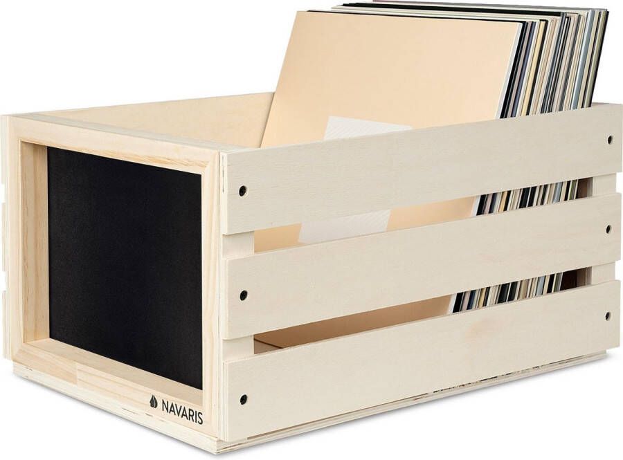 Navaris opbergkist voor LP's met krijtbord Houten krat voor vinylplaten Opbergbox voor 50 80 platen Kist van hout in vintage stijl Naturel