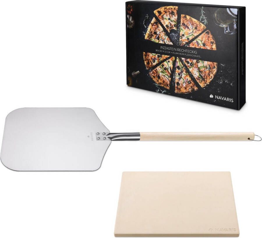 Navaris pizzasteen XL voor oven en barbecue Rechthoekige pizzaplaat 38 x 30 cm Inclusief pizzaschep met extra lang handvat en receptenboek