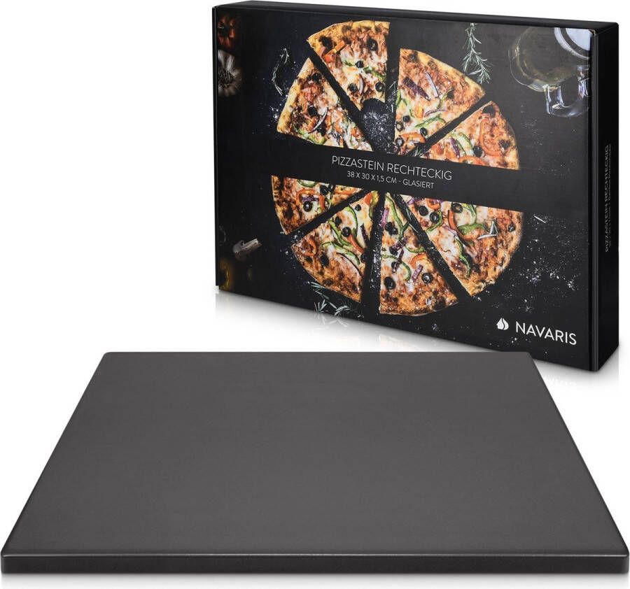 Navaris pizzasteen XL voor oven en barbecue Rechthoekige pizzaplaat 38 x 30 cm Inclusief receptenboek Keramisch geglazuurd Zwart