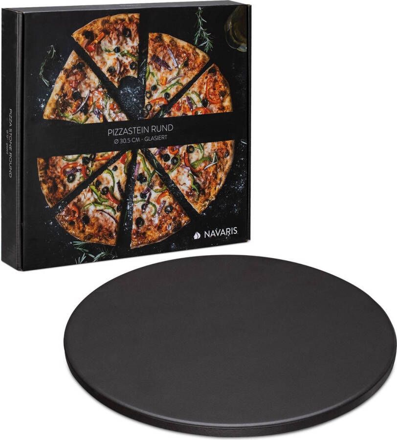 Navaris pizzasteen XL voor oven en barbecue Ronde pizzaplaat Ø 30 5 cm Inclusief receptenboek Keramisch geglazuurd Zwart