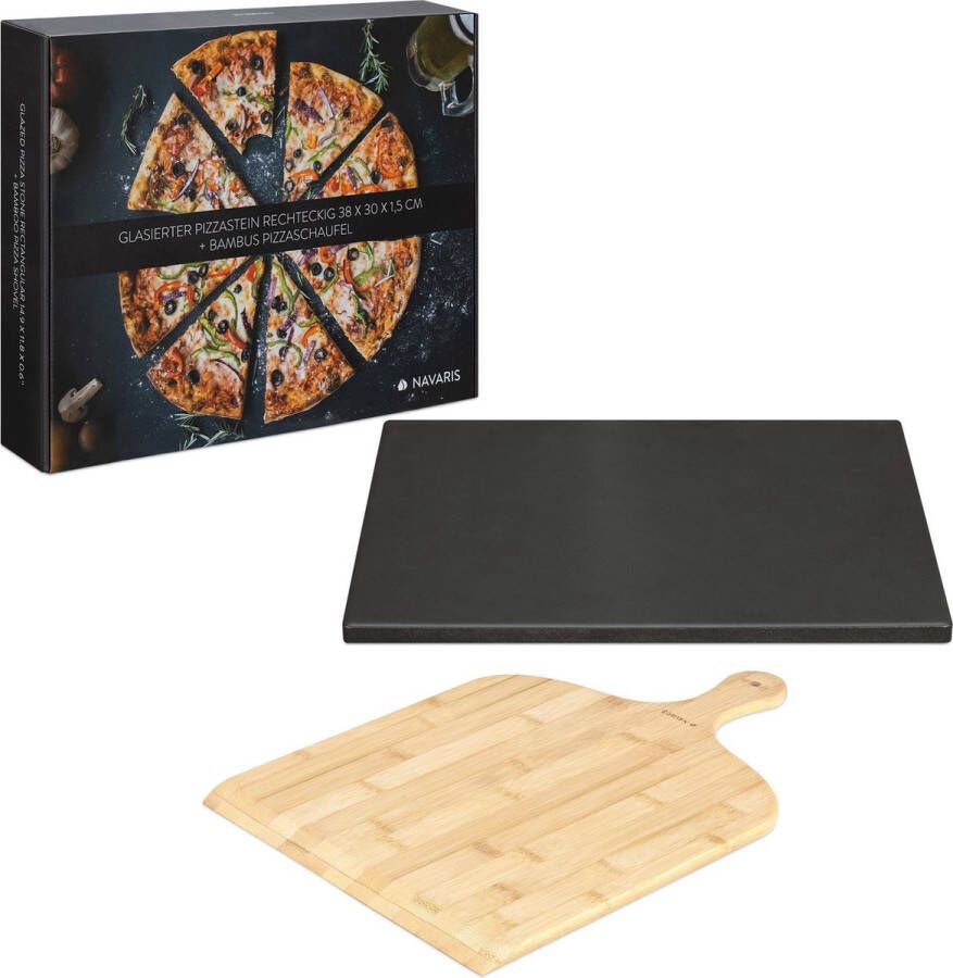 Navaris pizzasteen XL voor oven grill en barbecue Rechthoekige pizzaplaat 38 x 30 cm Set inclusief bamboe pizzaschep en receptenboek