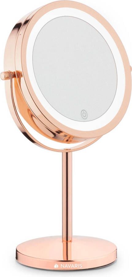 Navaris ronde spiegel met verlichting Make-up spiegel met LED-verlichting Dubbelzijdig 5x vergroting 360� draaibaar Diameter 17cm Koper