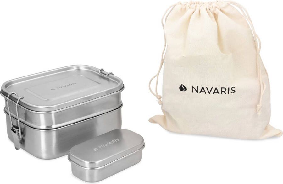 Navaris RVS broodtrommel 3 stuks 3-delige set Meal prep bakje Vershouddoos Dubbele lunchbox Vaatwasbestendig