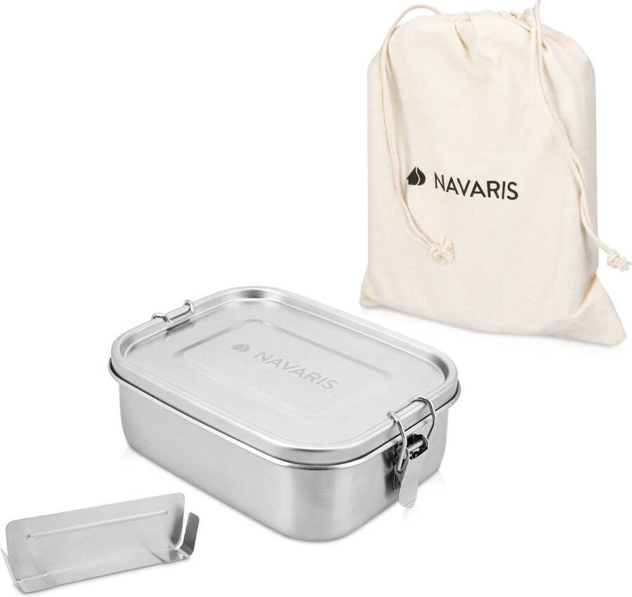 Navaris RVS broodtrommel met verdeler Meal prep bakje Vershouddoos Lunchbox 17 x 13 x 6 cm Inhoud 0 8 liter Vaatwasbestendig