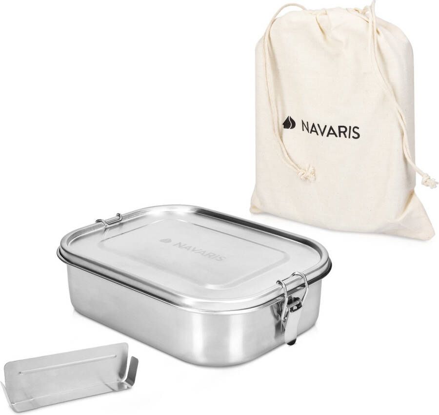 Navaris RVS broodtrommel met verdeler Meal prep bakje Vershouddoos Lunchbox 21 8 x 16 7 x 6 cm Inhoud 1 4 liter Vaatwasersbestendig