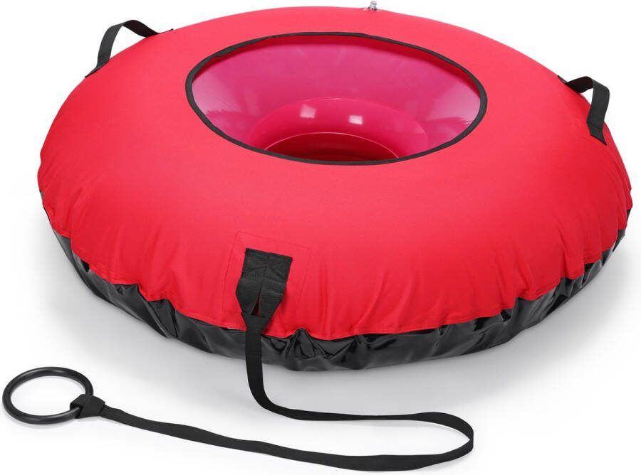 Navaris stevige opblaasbare sneeuwglijder slee Met handvaten 100 cm diameter Maximaal 90 kilo Snowtube met rode hoes met zwarte onderkant