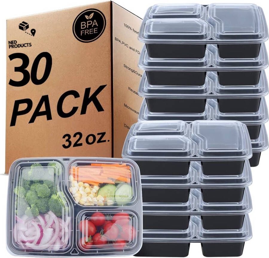 Ned products Ned s Meal Prep Bakjes 3 Compartimenten BPA Vrij Plastic Bakjes Met Deksel Magnetron Bakjes Met Deksel Meal Prep Container Vershoudbakjes Mealprep Voeding 30 Stuks