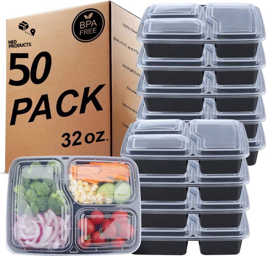 Ned products Ned s Meal Prep Bakjes 3 Compartimenten BPA Vrij Plastic Bakjes Met Deksel Magnetron Bakjes Met Deksel Meal Prep Container Vershoudbakjes Mealprep Voeding 50 Stuks