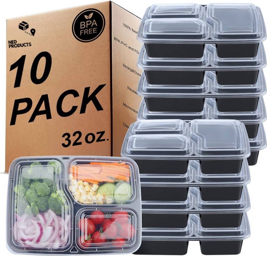 Ned products Ned s Meal Prep Bakjes 3 Compartimenten BPA Vrij Plastic Bakjes Met Deksel Magnetron Bakjes Met Deksel Meal Prep Container Vershoudbakjes Mealprep Voeding 10 Stuks