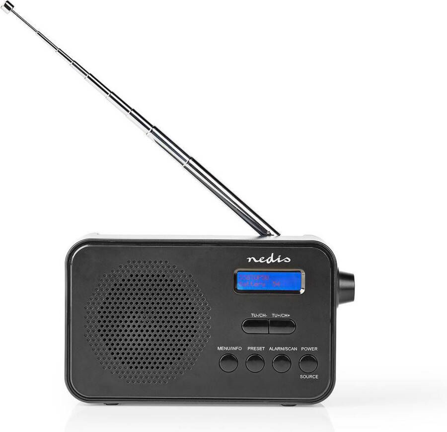 Nedis DAB+ Radio Draagbaar Model DAB+ FM 1.3 Zwart-Blauw Scherm Batterij Gevoed USB Gevoed Digitaal 3.6 W Bluetooth Koptelefoonoutput Wekker Slaaptimer IP20 Zwart