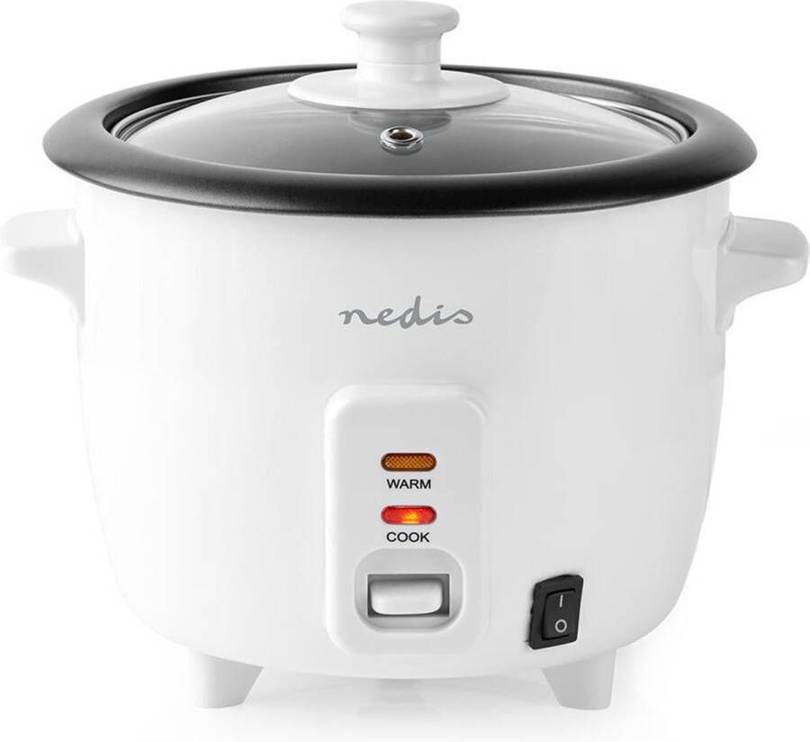 Nedis Rijstkoker | Met uitneembare Pan | 0.6 L Inhoud | 3 Porties | Warmhoudfunctie | Stoommandje | Glazen deksel | Incl. Maatbeker En Opscheplepel | Kabel 0.9 m. | 300 Watt | Wit