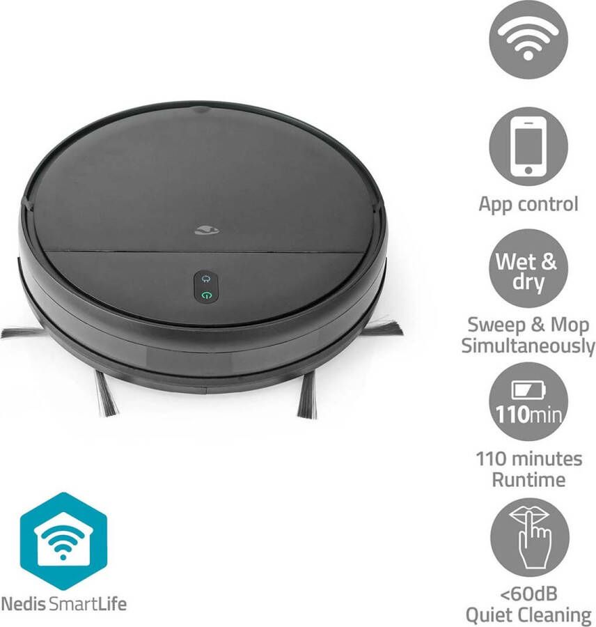 Nedis SmartLife Robotstofzuiger Willekeurig Wi-Fi Capaciteit opvangreservoir: 0.2 l Automatisch opladen Maximale gebruiksduur: 90 min Zwart Android™ IOS