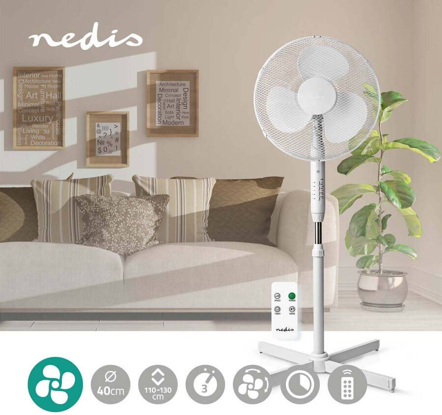 Nedis Staande Ventilator | Diameter: 400 mm | 3 Snelheden | Zwenkfunctie | 40 W | Verstelbare hoogte | Uitschakeltimer | Afstandsbediening | Wit