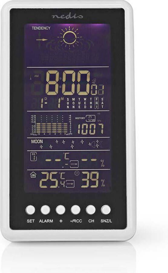 Nedis Weerstation Binnen & Buiten Radiogestuurde klok Inclusief draadloze weersensor Weersvoorspelling Barometer Tijdweergave LCD met Achtergrondverlichting Wekkerfunctie