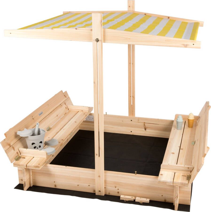 Needs&wants Kinderzandbak met deksel dak afdekking Buddelkist bank en bevloering grondzeil Vierkante houten zandbak Afsluitbaar Incl. zonwering & zitjes Zandbox tuinspeelgoed voor buiten 120x120 cm Hout Geel Wit Bruin