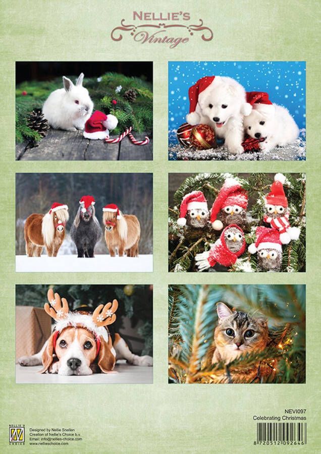 Nellie Snellen NEVI097 A4 Decoupage knipvel Celebrating Christmas winter sneeuw dieren hond konijn vogel met kerstmuts Santa dier