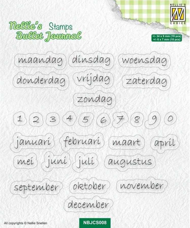 Nellie's Choice NBJCS008 Clearstamp Nellie Snellen Bullet Journal stempel kalender maanden dagen van de week cijfers notebook