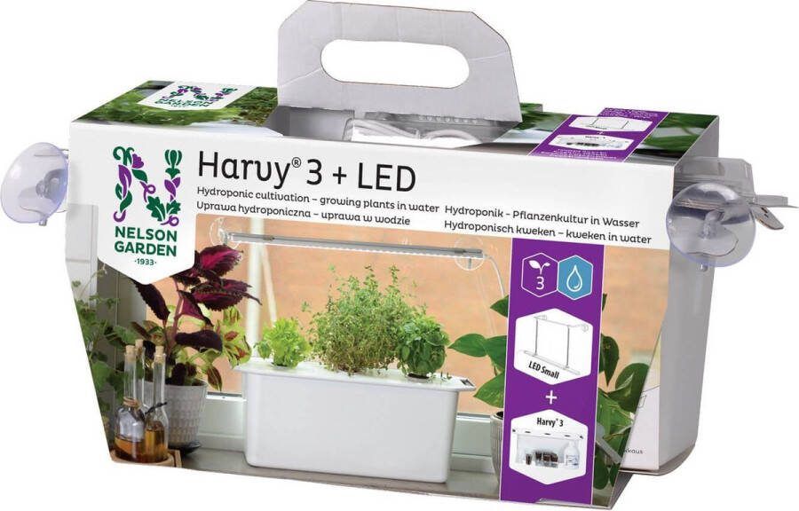 Nelson Garden Harvy 3 hydrocultuursysteem voor drie Planten Komplete Starter Set inklusief Led Lamp en Lamp-Ophangsysteem Plantenvoeding en Basilicum en Sla Zaden