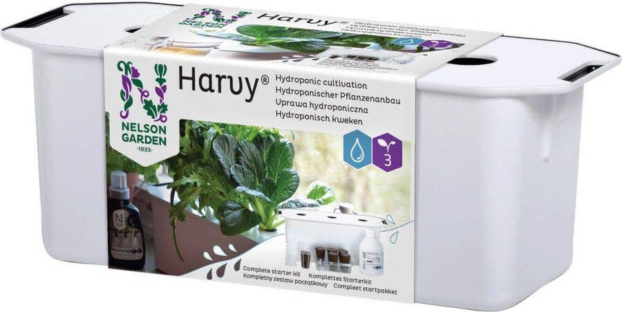 Nelson Garden Harvy 3 hydrocultuursysteem voor drie Planten Komplete Starter Set inklusief Plantenvoeding en Basilicum en Sla Zaden
