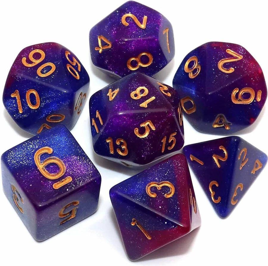 Nereb D&D Dice Set DnD Dobbelstenen Set Blauw Paars Blauw Sterren Dungeons and Dragons Dobbelstenen Inclusief Bewaarzakje