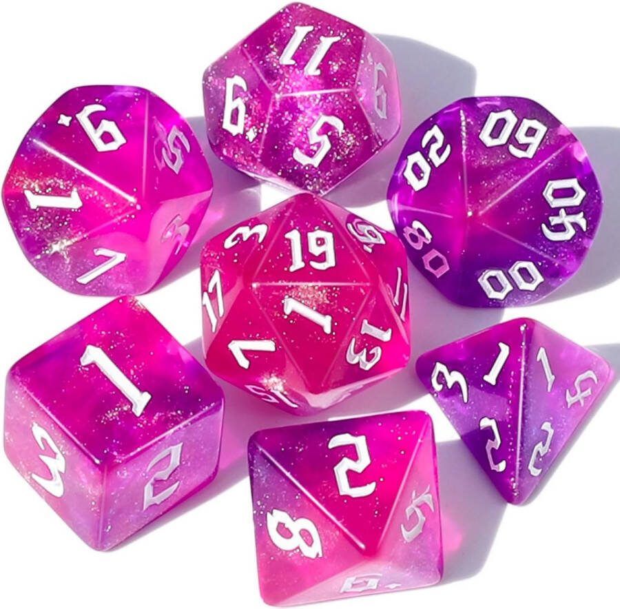 Nereb D&D Dice Set DnD Dobbelstenen Set Doorzichtig Paars Roze Sterren Dungeons and Dragons Dobbelstenen Inclusief Bewaarzakje
