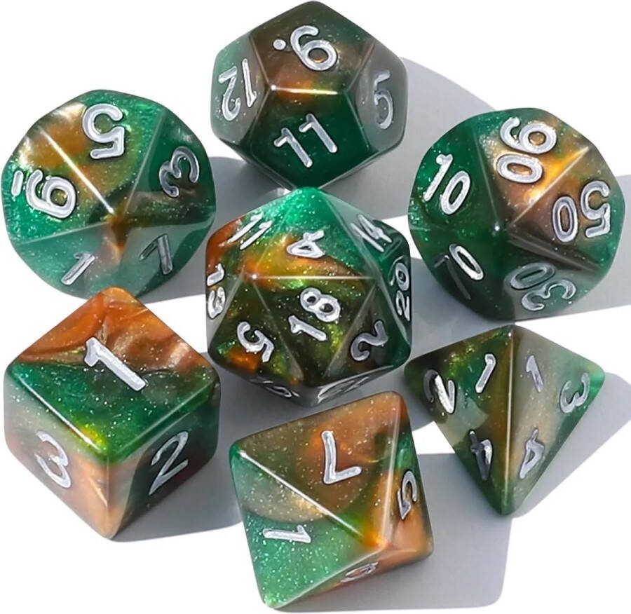 Nereb D&D Dice Set DnD Dobbelstenen Set Goud Groen Sterren Dungeons and Dragons Dobbelstenen Inclusief Bewaarzakje