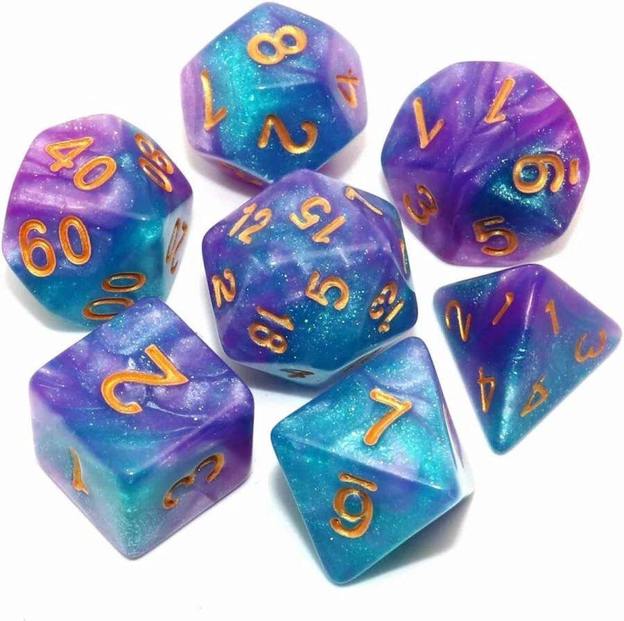 Nereb D&D Dice Set DnD Dobbelstenen Set Lichtblauw Paars Sterren Dungeons and Dragons Dobbelstenen Inclusief Bewaarzakje