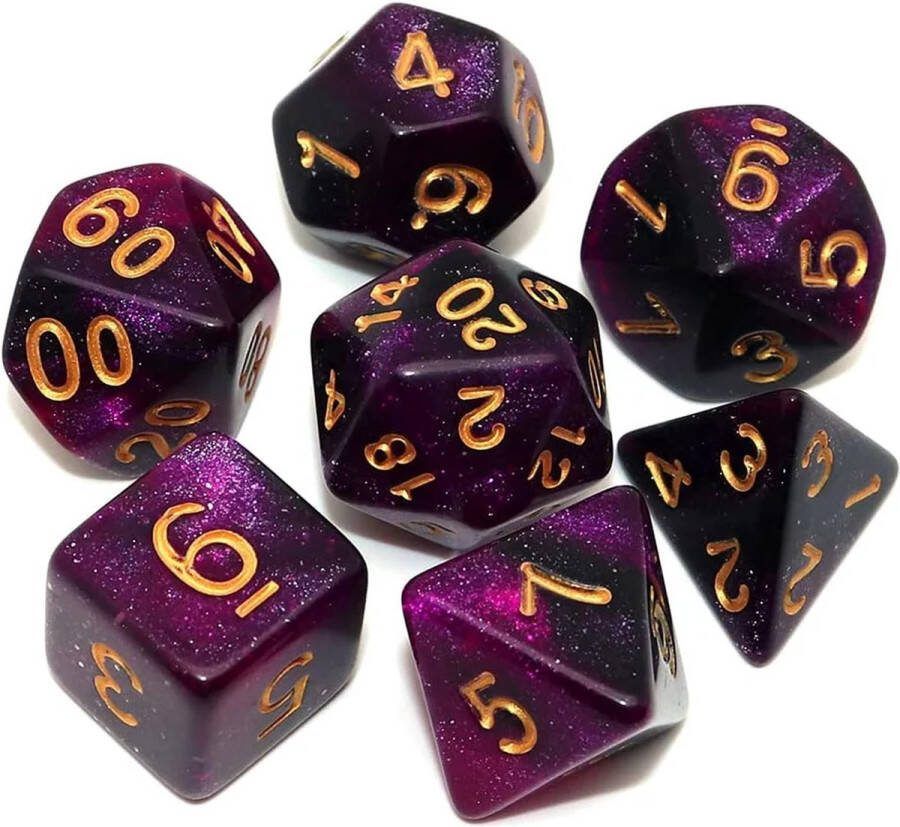Nereb D&D Dice Set DnD Dobbelstenen Set Paars Zwart Sterren Dungeons and Dragons Dobbelstenen Inclusief Bewaarzakje