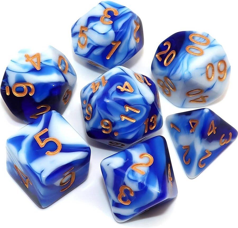 Nereb D&D Dice Set DnD Dobbelstenen Set Swirl Mix Wit & Blauw Dungeons and Dragons Dobbelstenen Inclusief Bewaarzakje
