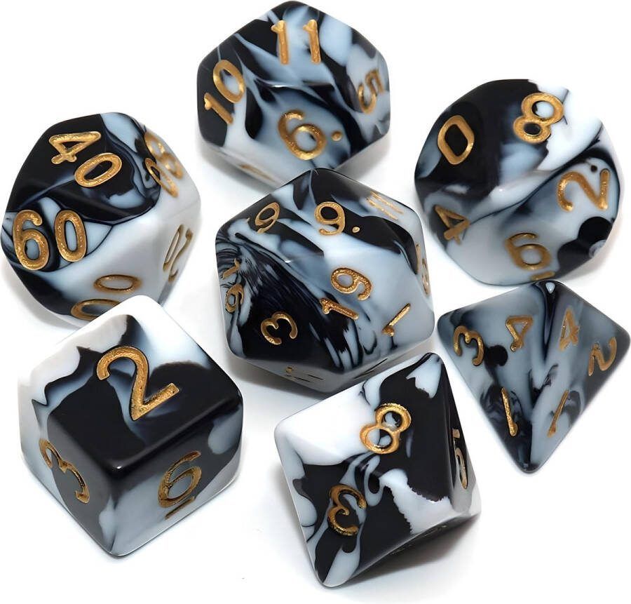 Nereb D&D Dice Set DnD Dobbelstenen Set Swirl Mix Wit & Zwart Dungeons and Dragons Dobbelstenen Inclusief Bewaarzakje