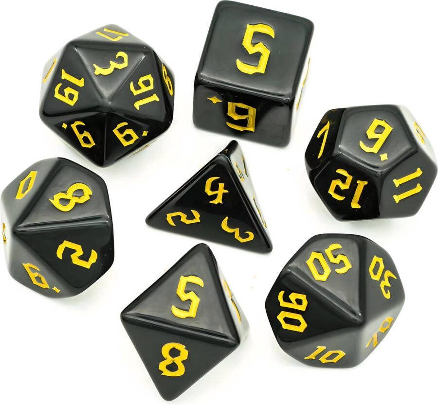 Nereb D&D Dice Set DnD Dobbelstenen Set Zwart Geel Dungeons and Dragons Dobbelstenen Inclusief Bewaarzakje