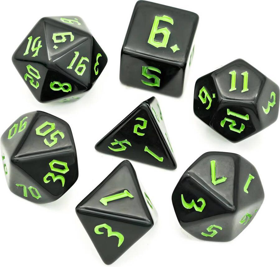 Nereb D&D Dice Set DnD Dobbelstenen Set Zwart Groen Dungeons and Dragons Dobbelstenen Inclusief Bewaarzakje