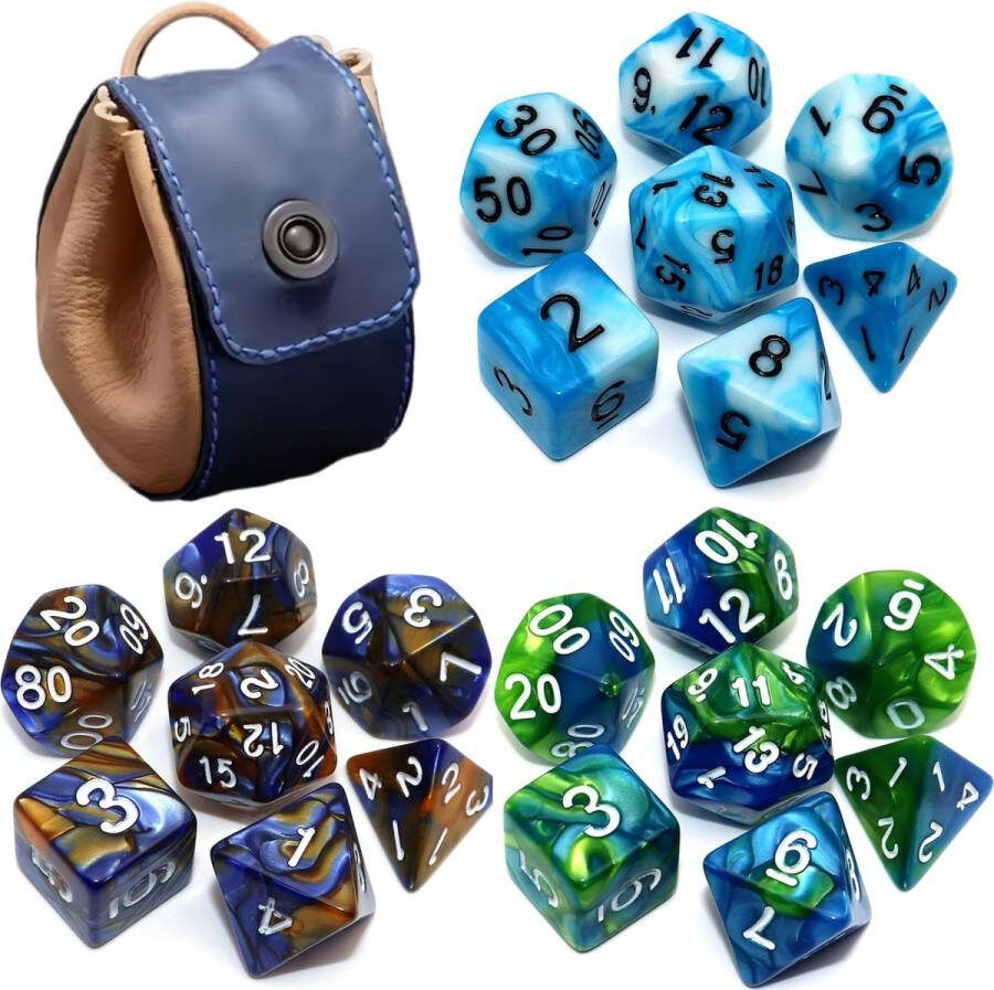 Nereb Dungeons and Dragons Dobbelstenen Super Set DnD Polydice 3 Sets (21 Stuks) Inclusief D&D Dice Bags