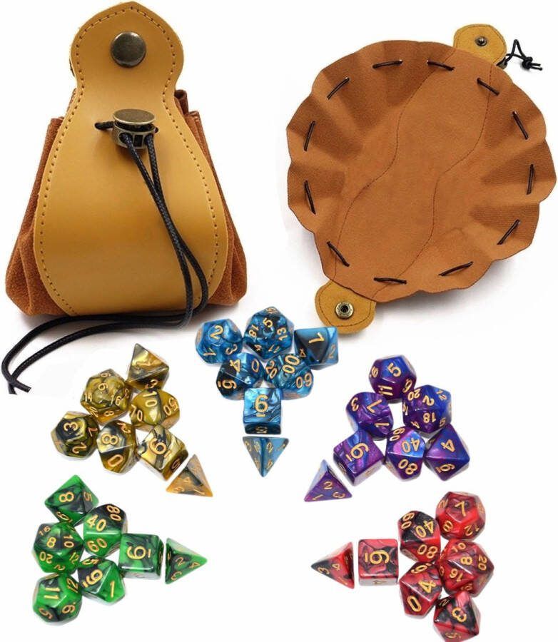 Nereb Dungeons & Dragons Essentials Kit: 5 Complete Sets van 7 Polydice met Dobbelsteenbakje en -zak Inclusief Multifunctionele Dobbelsteen Pouch