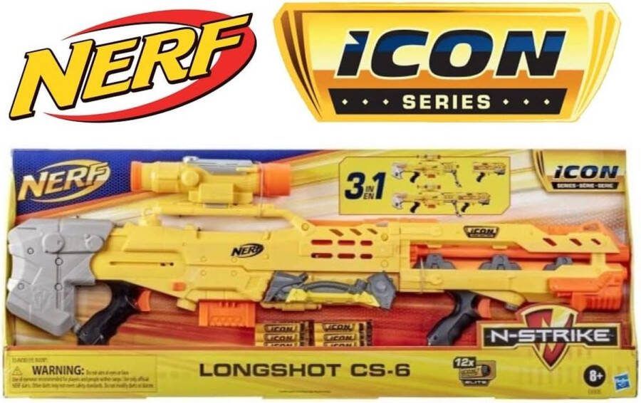 NERF N-Strike Icon Series Longshot CS-6 Foam 3-in-1 Blaster + 12 Officiële Elite Icon Darts 8+ Jaar