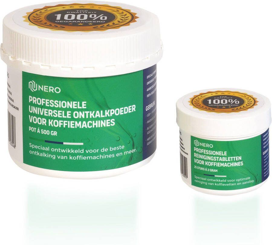 Nero Koffie Reinigingstabletten & Ontkalker Voordeelset 25 Tabletten + 500g Ontkalker Geschikt voor Koffie- en Espressomachines Verwijdert Koffievet en Koffieolie Compatibel met Jura Melitta Philips